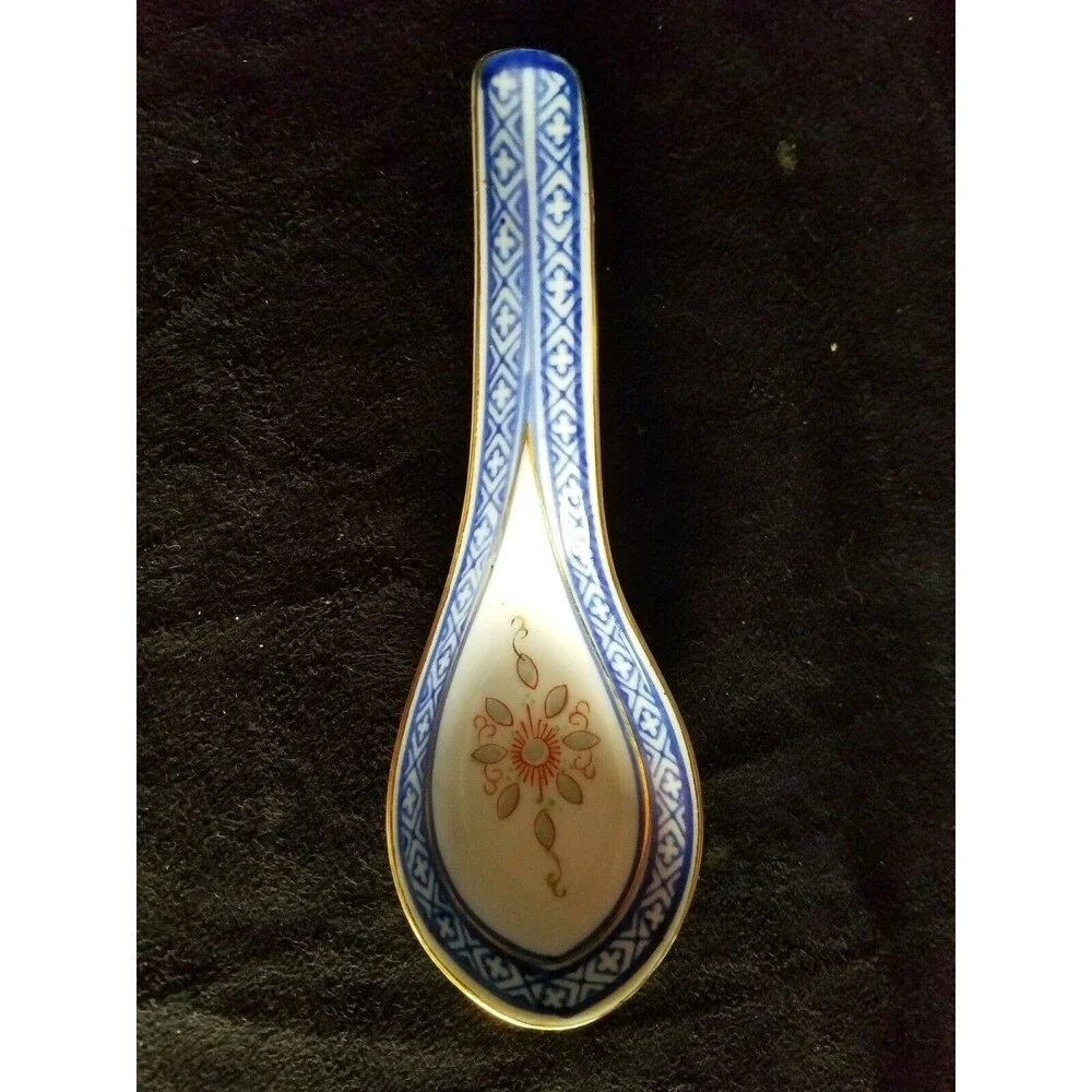 Vintage Porcelain Tienshan rice flower Spoon China, marked blue white red gold